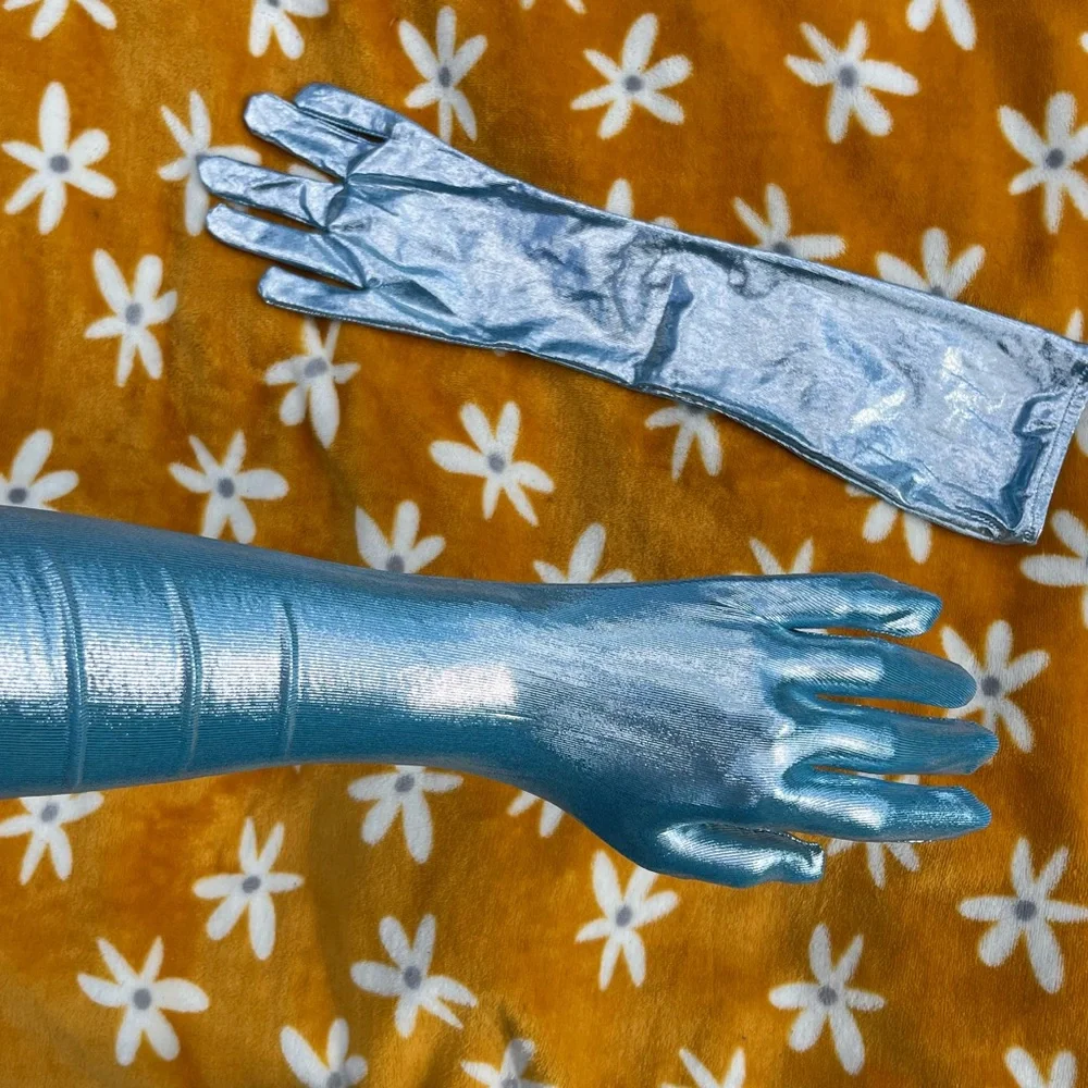 NWOT Metallic Shimmery Ice Blue Long Gloves Light Blue Pastel Silver Sparkles